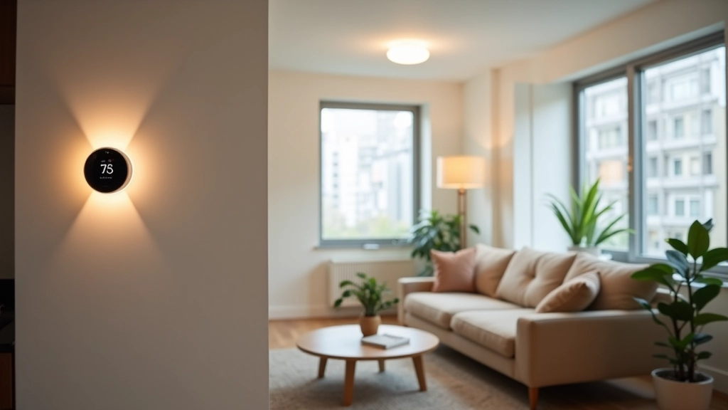 Modern apartment living room with LED lighting and smart thermostat on wall