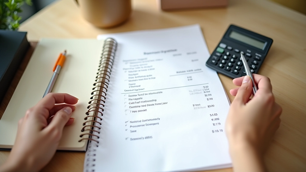 Receipt and calculator on wooden table with budget notebook