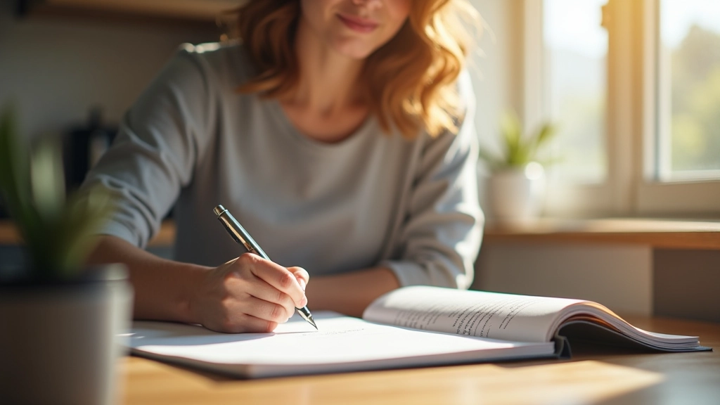 Person writing shopping list at kitchen table with pen and notebook