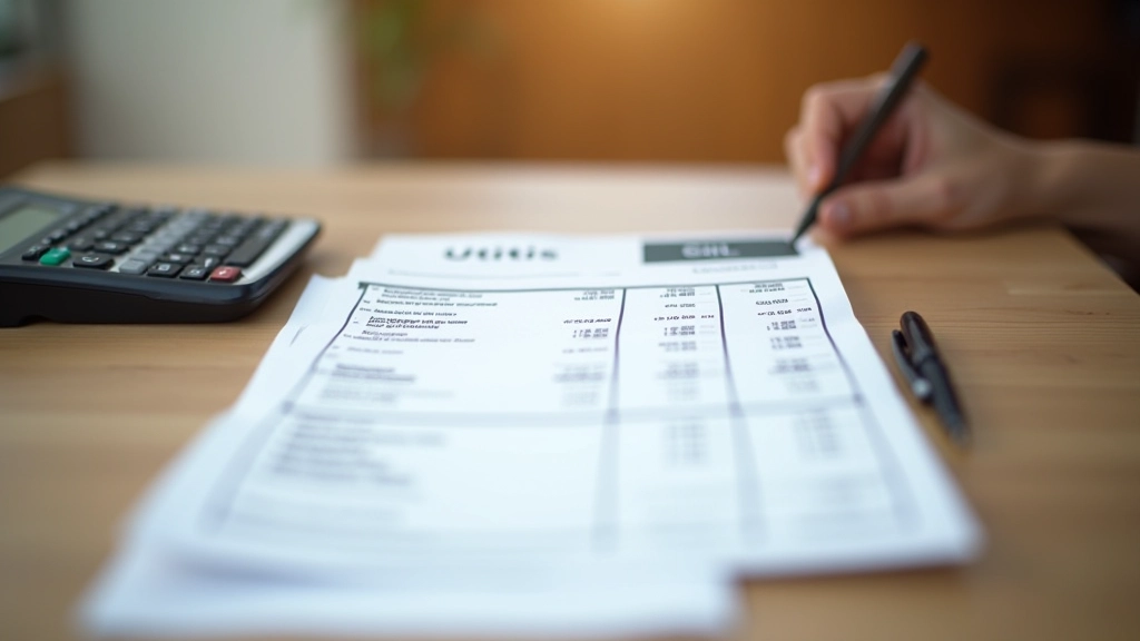 Utility bill statement on desk with calculator and pen showing gas charges